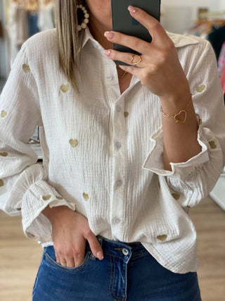 CHEMISIER GAZE DE COTON LOVA BLANC COEUR OR