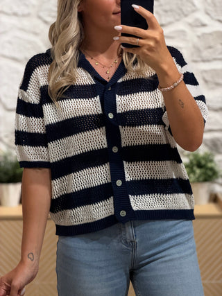 Gilet en crochet POLINA - Marine/crème (Made in Italie)
