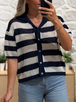 Gilet en crochet POLINA - Marine/crème (Made in Italie)