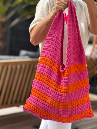 Sac en crochet - RAYÉ - Fuchsia/orange