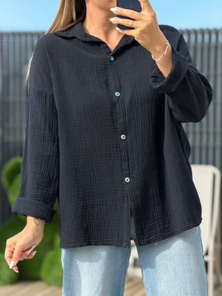 Chemise gaze de coton - MARIO - Noire (Made in Italie)