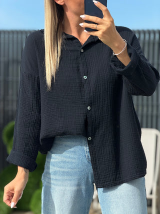 Chemise gaze de coton - MARIO - Noire (Made in Italie)