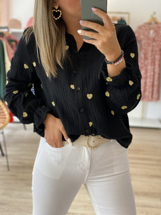 CHEMISIER GAZE DE COTON LOVA NOIR COEUR OR