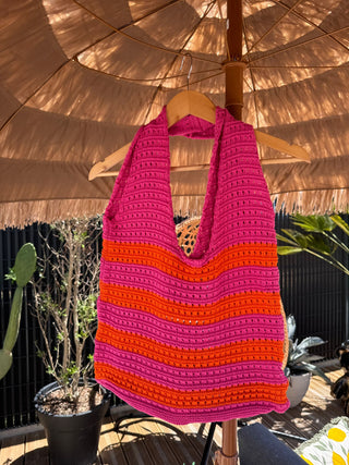 Sac en crochet - RAYÉ - Fuchsia/orange